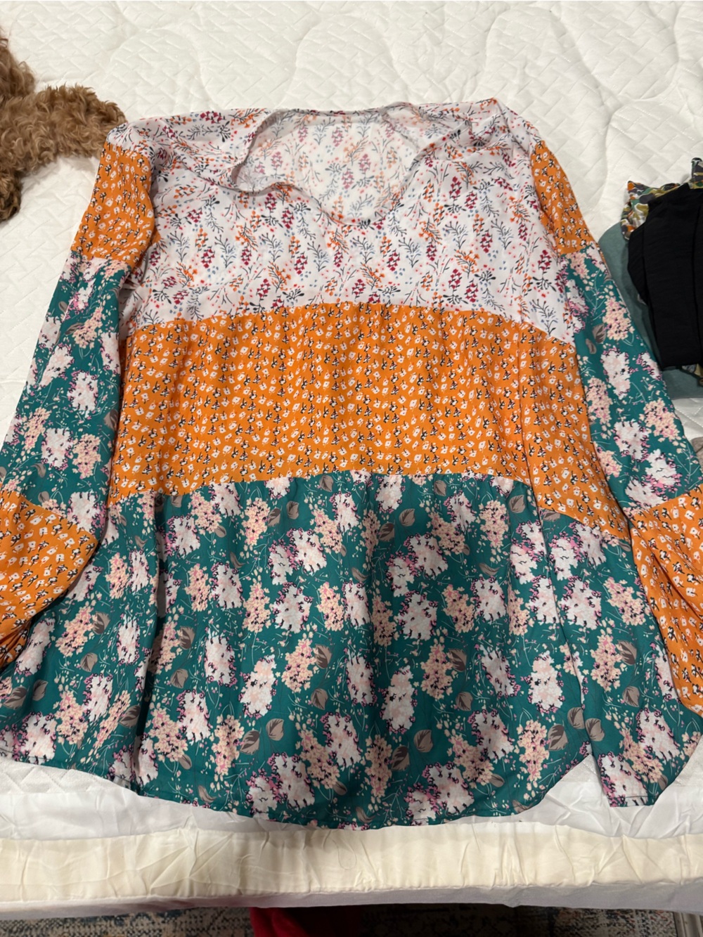 Floral Patchwork Peasant Top - Orange & Teal